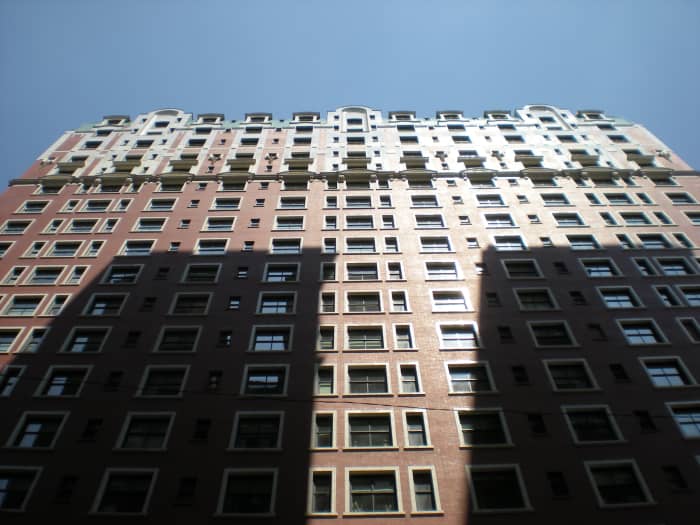 Shadows of neighboring Hilton Chicago on south front of Blackstone Hotel in August 2012.