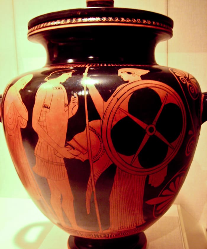 Menelaus reclaiming his wife Helen (a red-figure stamnos from the Metropolitan Museum of Art, ca. 470–460 BCE)