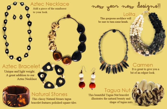 A catalog page from Organic Tagua Jewelry which displays the versatility that is possible when working with vegetable ivory.