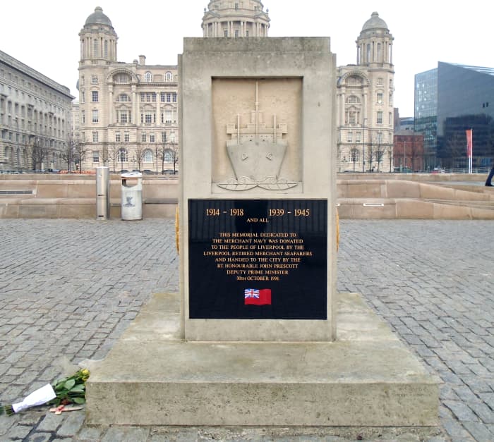 The Merchant Navy Memorial in Liverpool at Pier Head, near the River Mersey.