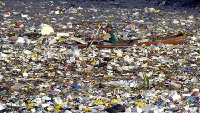 Manila harbour and NOT the Pacific trash island. This photo is often used as an indication of the severity of the "gyre" trash island, but this photo was taken in Manila harbour.