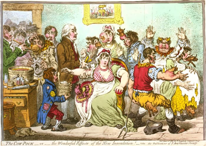 A satirical cartoon showing the cowpox vaccination and its results