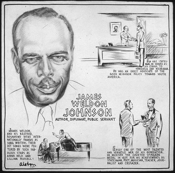 The life of James Weldon Johnson depicted with sketches and biographical paragraphs. By artist Charles Henry Alston. Current location of work is the National Archives and Records Administration, College Park, MD.