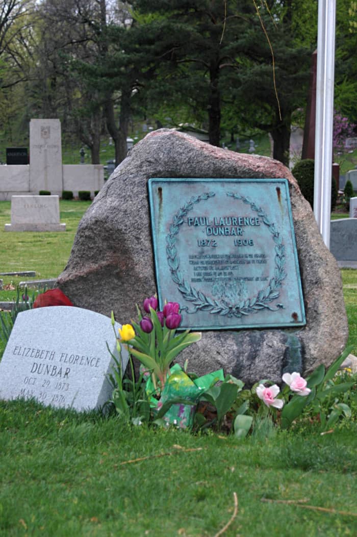 Own work, by Drabikrr. Taken at Woodland Cemetery, Dayton, Ohio. Gravestone of Paul Laurence Dunbar 1872–1906.