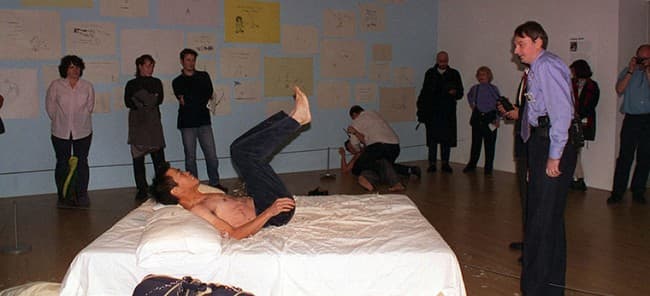 Yuan Cai and Jian Jun Xi stripped down to their pants and jumped on Tracy Emin's "My Bed" at the Tate London Gallery in 1999