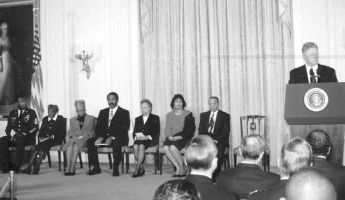 Lt. Fox's widow, Arlene Fox (third from left), at the White House in 1997 where her late husband was finally awarded his Medal of Honor along with several others from the 92nd ID.