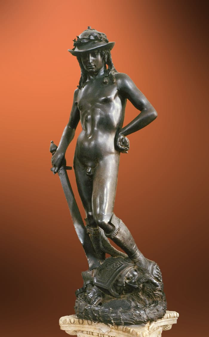 Donatello's bronze David, commissioned for a garden courtyard of the Medici Palace.