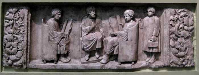 In this carved relief, a Roman tutor educates his pupils, possibly on the discipline of history. The Pushkin Museum of Fine Arts, Moscow.