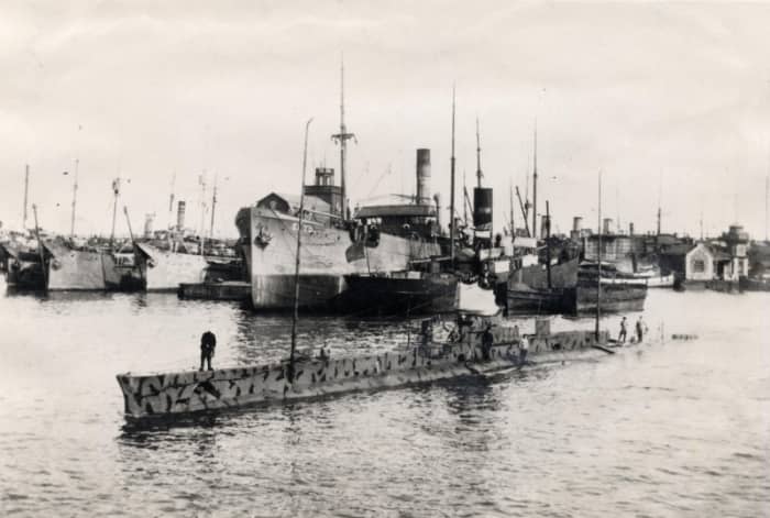 World War 1: HMS E-18 leaving Reval (now Tallinn, Estonia) on her last mission on May 25, 1916. She was lost off the coast of Estonia, probably to a mine, in early June.