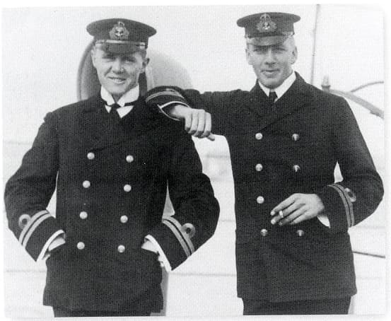 World War One: Max Horton (left), commander of HMS E-9, and Noel Laurence, commander of HMS E1, during service with British Submarine Flotilla in the Baltic. They would later become admirals and serve during World War 2.