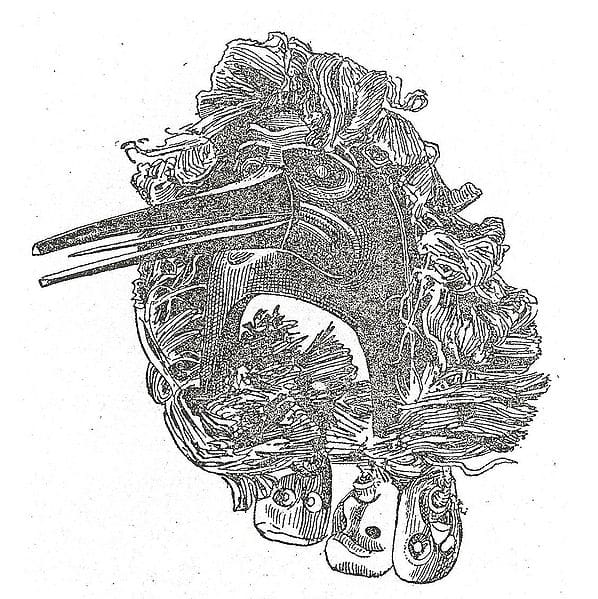 Kwakiutl mask drawing from "The Social Organization and the Secret Societies of the Kwakiutl Indians", Boas (1897)