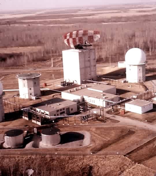 The Baudette, MN Air Force Station Radar Site showing the FPS-24 antenna mounted on the cement building which housed the equipment.
