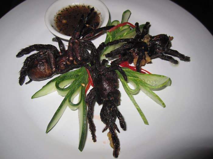 Crispy, fried tarantulas are said to taste like crab meat and are a very popular snack or appetizer in Cambodia.