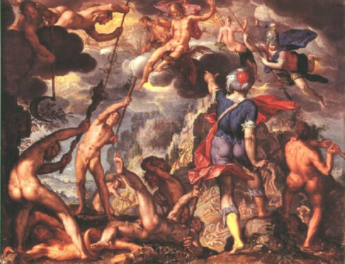 This painting depicts the Titanomachy. Painted by Joachim Wtewael - The Battle Between the Gods and the Titans PD-art-100