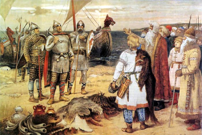 Legendary Viking leader Rurik arrives to take control of Staraya Ladoga, a prosperous trading post. The painting shows the locals inviting Rurik to rule over them. In reality, there was probably violence involved.
