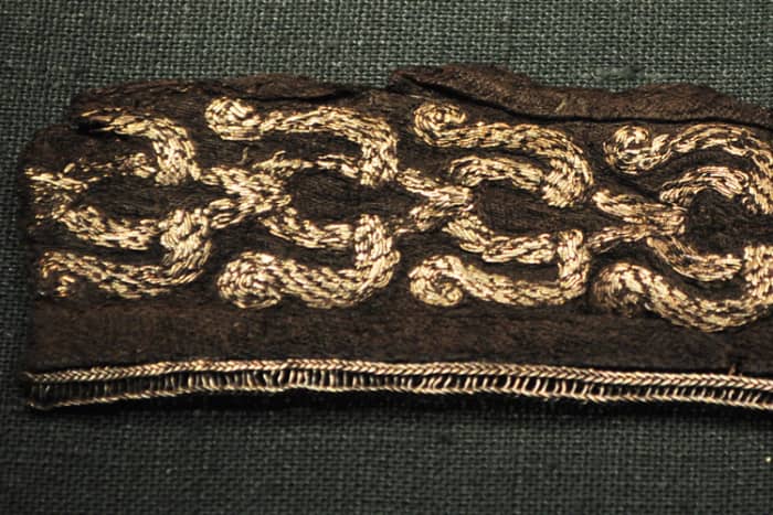 A piece of silk embroidered with silver, discovered in a Viking burial ground in Sweden. For the Vikings, Arabia was a rich source of both silk and silver.