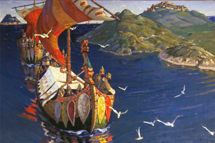 Nicholas Roerich's painting "Guests From Overseas" depicts Norse ships bound for Novgorod in good weather conditions, inspired by his own sea voyage to Novgorod a few years earlier.