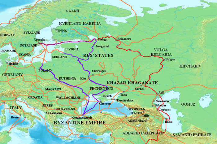 The Viking trade routes of the East. The red line shows the route to the Arab Caliphates, while the purple line shows the route taken to Constantinople.