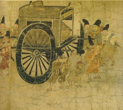Ban Dainagon Ekotoba, 12th century illustrated scroll showing an ox cart, the usual method of travel for the Heian aristocracy.