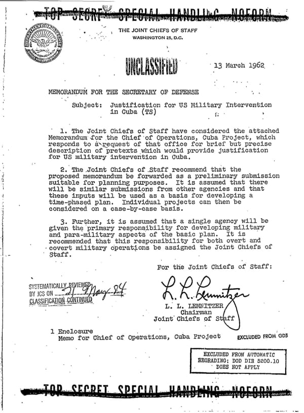 Photo of Page 1 Northwoods Memorandum for the U.S. Secretary of Defense (March 13, 1962)