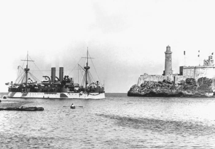 Battleship USS Maine entering Havana Harbor on January 25, 1898. On February 15, 1898 the Maine exploded and sank under mysterious circumstances, killing 266 sailors. There were 89 survivors.