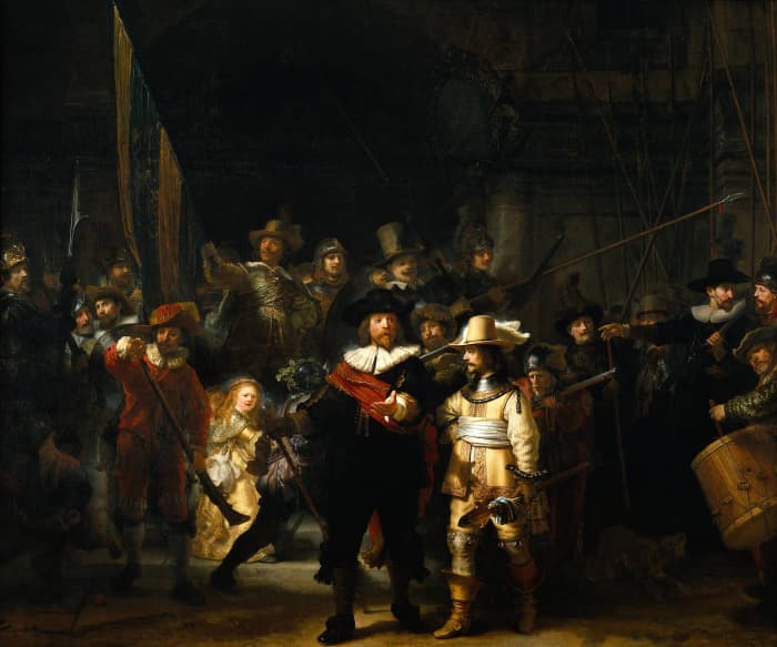 The most famous painting work by Rembrandt known as The Night Watch which portrays a group portrait of a militia company.