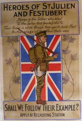 WWI Battles: The Heroes of St. Julien and Festubert. Photograph of WWI recruiting poster