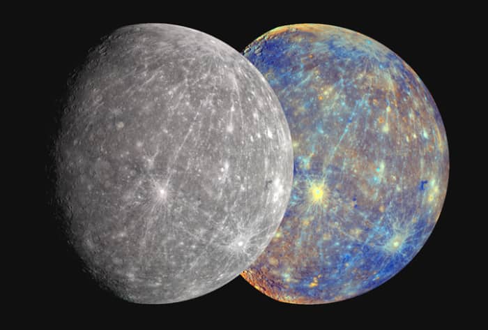 Right: Mercury MESSENGER spacecraft captures color in visible and near-infrared wavelengths. Left: NASA scientists adjust the original false-color image to show colors to approximate what the human eye would see.