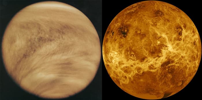 Left: ultraviolet view of Venus by NASA Pioneer Orbiter, Feb. 26, 1979. Right: RADAR image of Venus by NASA Magellan Orbiter, early 1990s.