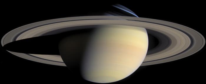 True-color photomosaic of Saturn assembled from 126 images taken by Cassini on the same day.