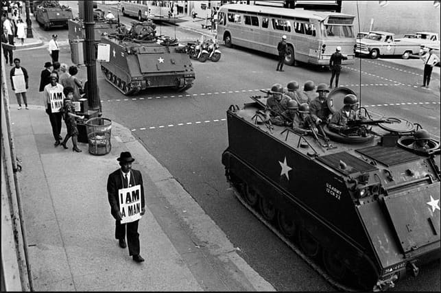 The daily sanitation strike marches resumed on March 29, one day after rioting left historic Beale Street and Main Street littered with bricks and broken glass.