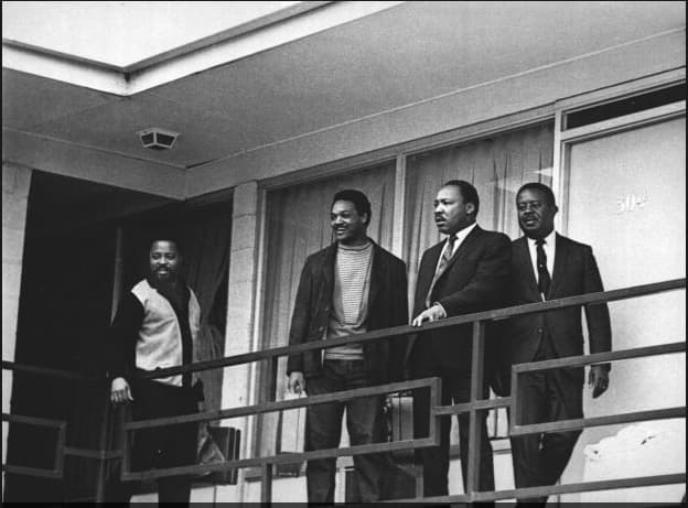 Dr. Martin Luther King Jr. stands with other civil rights leaders on the balcony of the Lorraine Motel in Memphis, Tennessee, on April 3, 1968. From left are Hosea Williams, Jesse Jackson, King, and Ralph Abernathy.