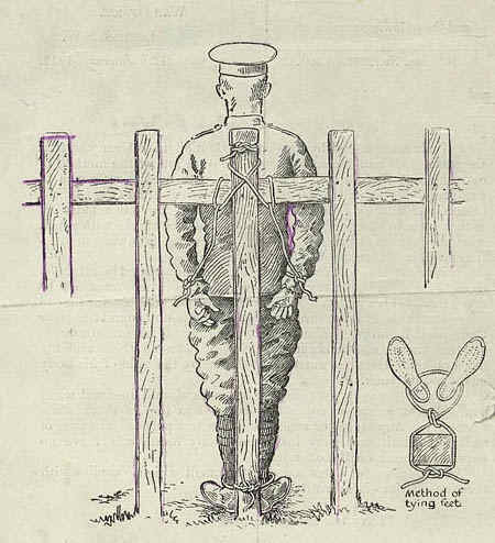 Illustration of Field Punishment Number One. The prisoner is tied to a stationary object, often times a gun carriage wheel and sometimes within enemy artillery range.