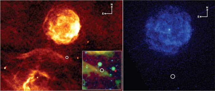 This pulsar was located inside the white circle but after shining for a year it disappeared. The left image was provided by the Multi-Array Galactic Plane Imaging Survey, the right by CHANDRA. Credits: Shami Chatterjee