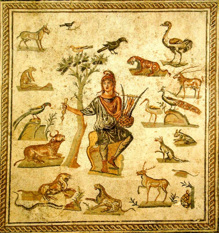 An Ancient Roman depiction of Orpheus and the animals that he has charmed
