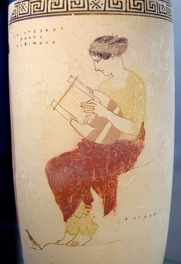 This vase illustration showing a muse (an ancient goddess) playing a lyre dates from 440-430 BC.