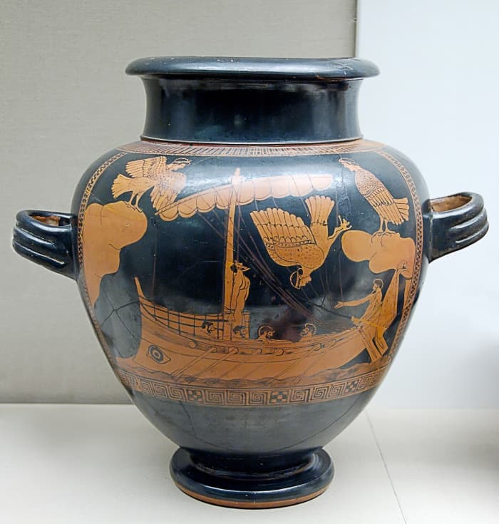 The Sirens' beautiful song lured men to their death. The decoration on this vase (480-470 BC) shows Odysseus, his crew, and the Sirens.