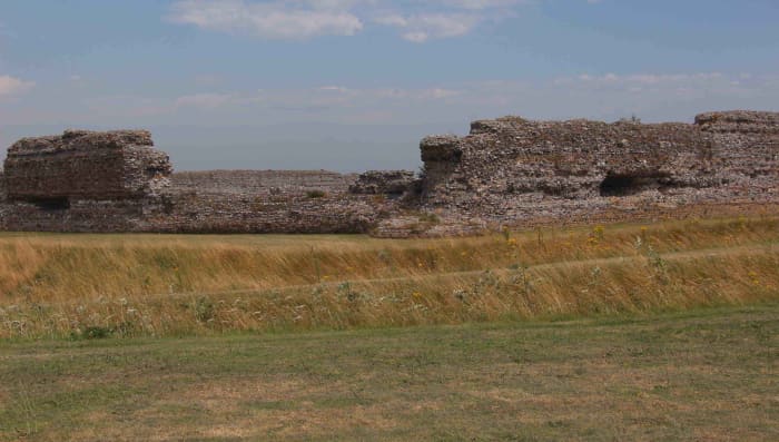 The perimeter walls of Fortress Richborough today - The southwestern corner of the Saxon Shore fort and the outer perimeter ditches date to the late 3rd century