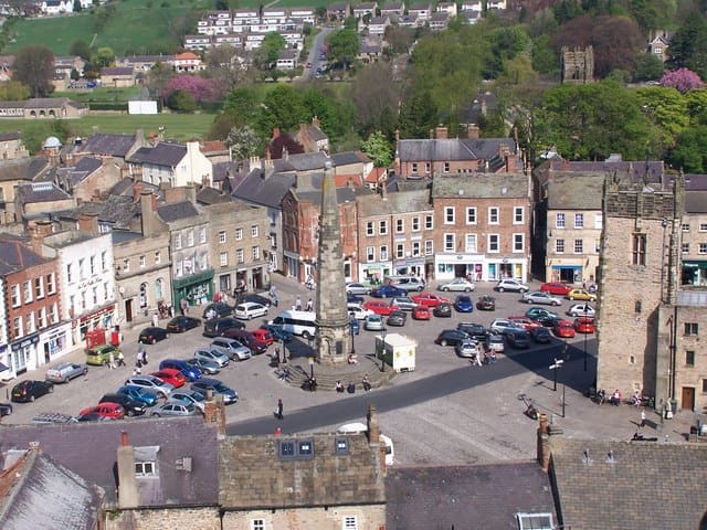 View from the castle keep over the Market Square of Richmond, the town that grew around the castle. The oldest part of town is closest to the castle