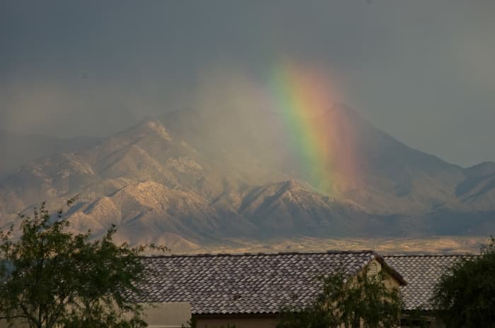 An approaching rain shower over Mt. Wrightson, east of San Xavier mission.