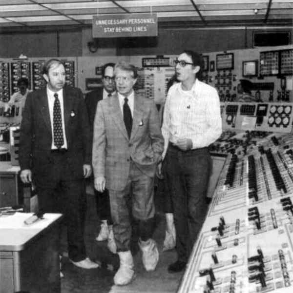 President Jimmy Carter touring the TMI-2 control room with (l to r) Harold Denton, Governor Dick Thornburgh, and James Floyd, supervisor of TMI-2 operations, on April 1.