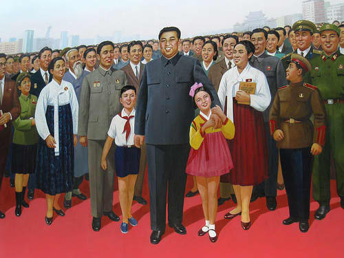 Kim Il-sung portrayed as the benevolent father of his people. Soviet dictator Joseph Stalin favoured similar depictions.