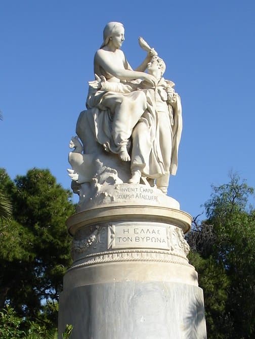 A statue in the National Garden, Athens depicting Greece in the form of a woman crowning Lord Byron