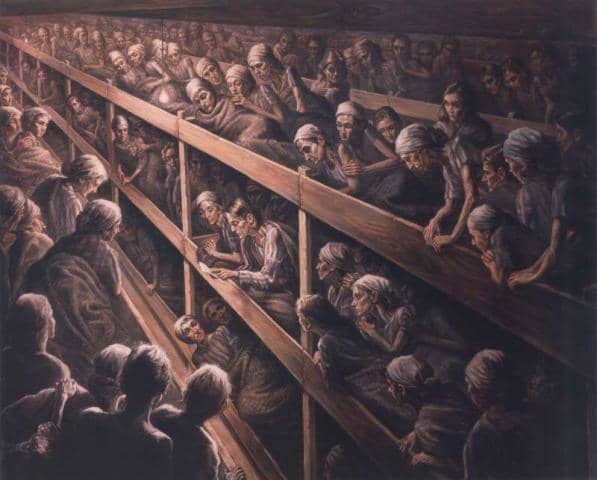 Artist's Rendition of Betsie and Corrie Reading the Bible to Their Fellow Prisoners