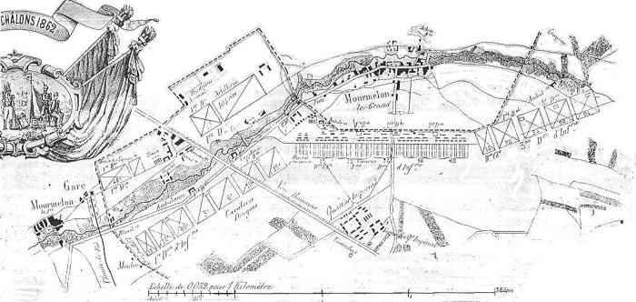The largest French training camp, Chalons, shown here in 1862, was in a poor state in 1914. This was not an exceptional stage for France's military camps.