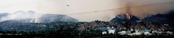 View of JPL with the 2009 California wildfires behind and the efforts to extinguish the blaze.