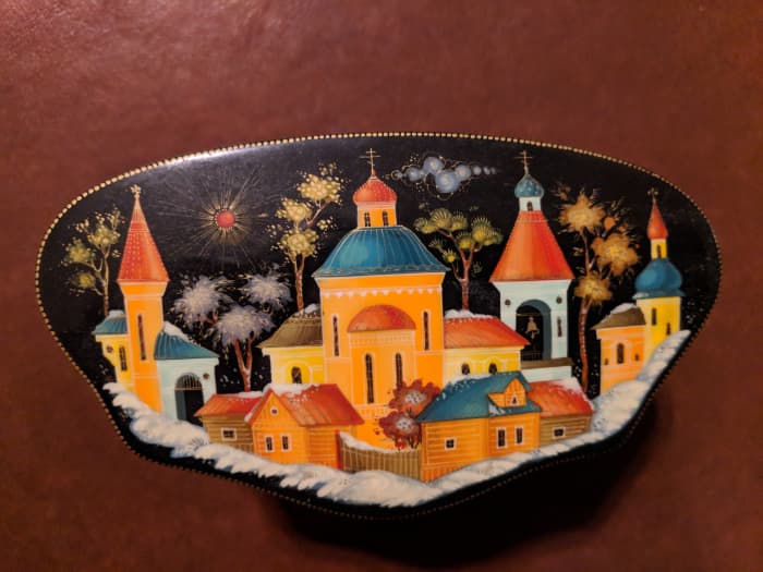 Miniature box with classic picture of a Russian Village in winter