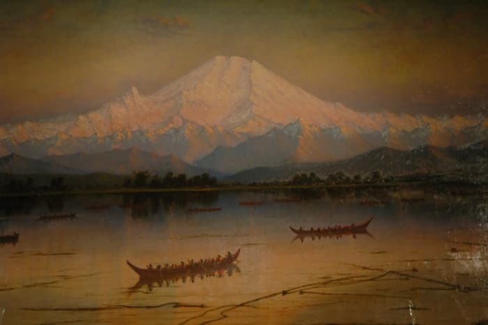 Mount Ranier as viewed from Eliot Bay in 1889, just five years before the mountain underwent a minor eruption at the summot. painting by James Eliot Stuart