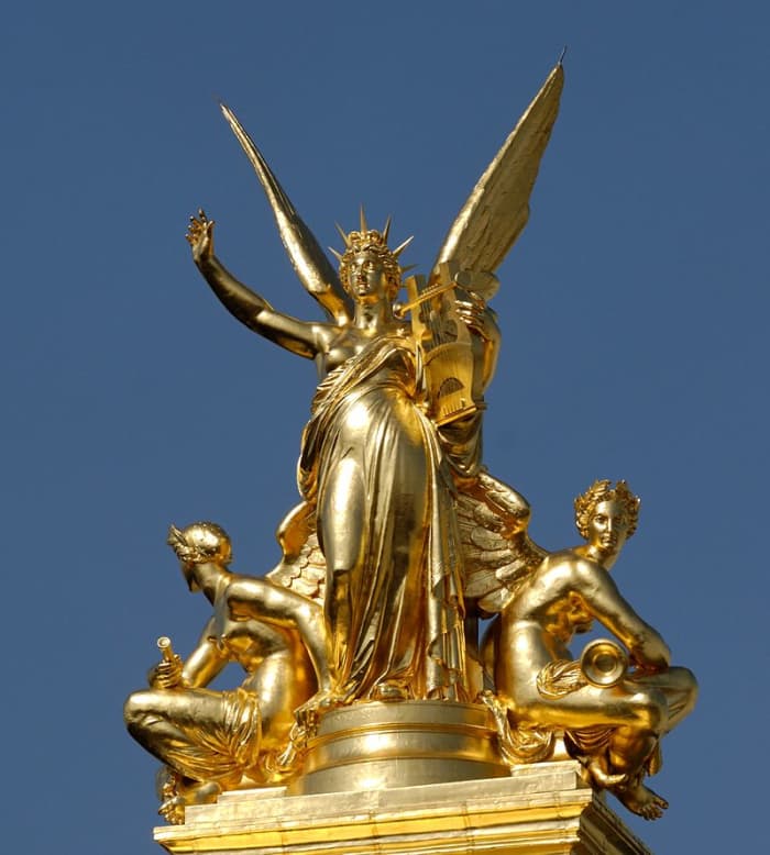 The statue L'Harmonie, on the rooftop of the Opera Garnier. In the novel Erik hides behind one of the statues on the rooftop, and over hears Christine betray his secrets to Raoul, and proclaim her love to him.