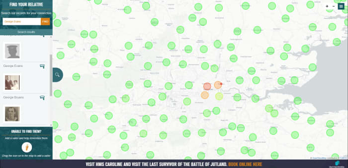 A look at the map on the web, featuring 'hot spots' where sailors lived and the search features on the left